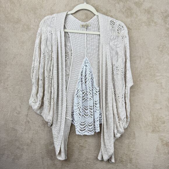 Womens Crochet Top Open Knit Lace Cardigan Beige Cream Boho Cottage Slouchy Sz S - Picture 1 of 9